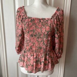 Nanette Lepore Pink Smocked Peplum Blouse with Puff Sleeves